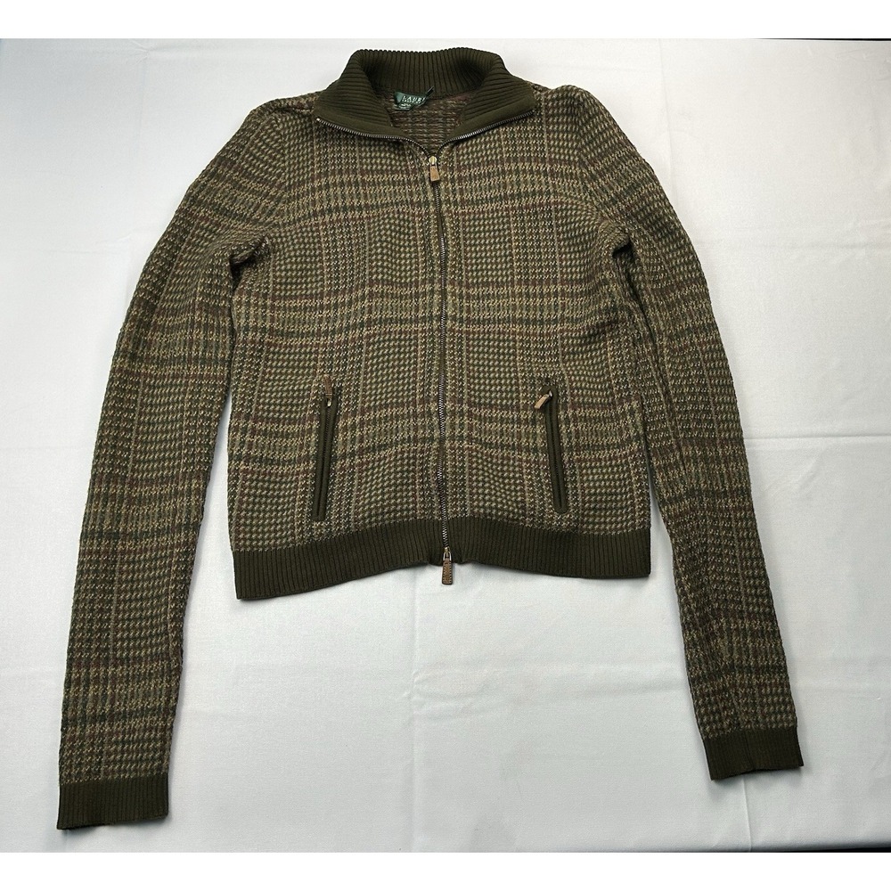 Lauren Ralph Lauren Y2K Plaid Zip Sweater Jacket Womens M Cotton Dark Academia